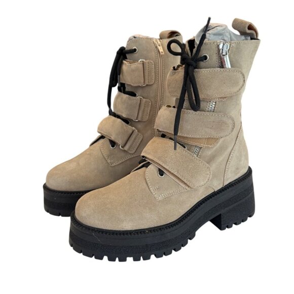 Free People Latte Beige Suede Emmett Lace Strap Up Boots Size 36/US 6 NWOB - Picture 1 of 7